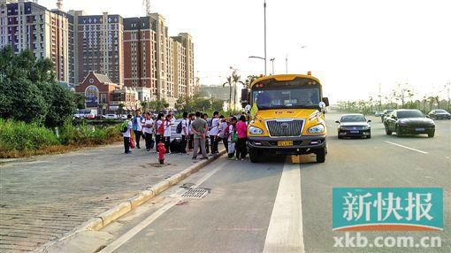 學(xué)校旁的鳳凰大道上,家長臨時(shí)請(qǐng)來的正規(guī)校車正在接送學(xué)生。